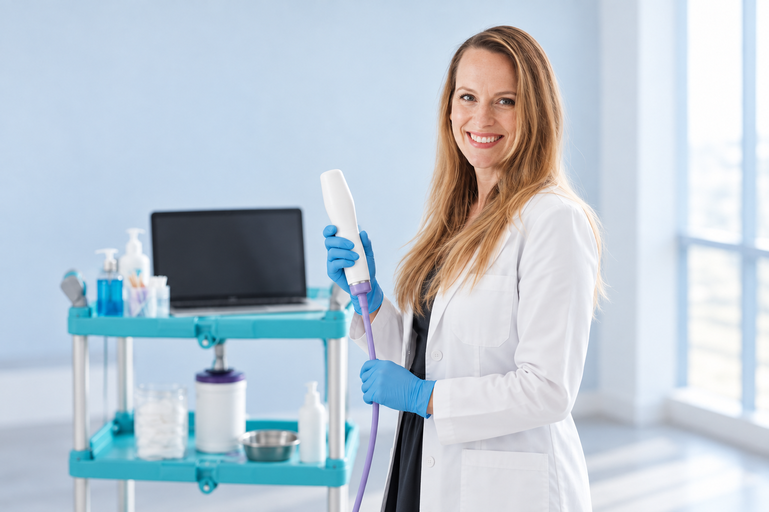 Clinician holding FEES equipment beside a mobile diagnostic cart