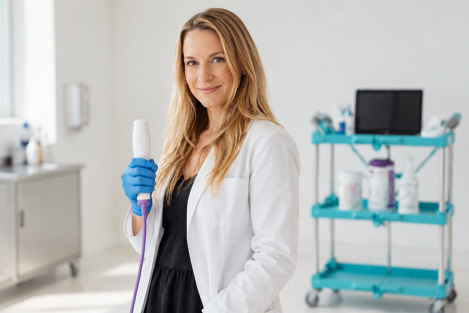 Clinician holding FEES equipment in a clinical care setting
