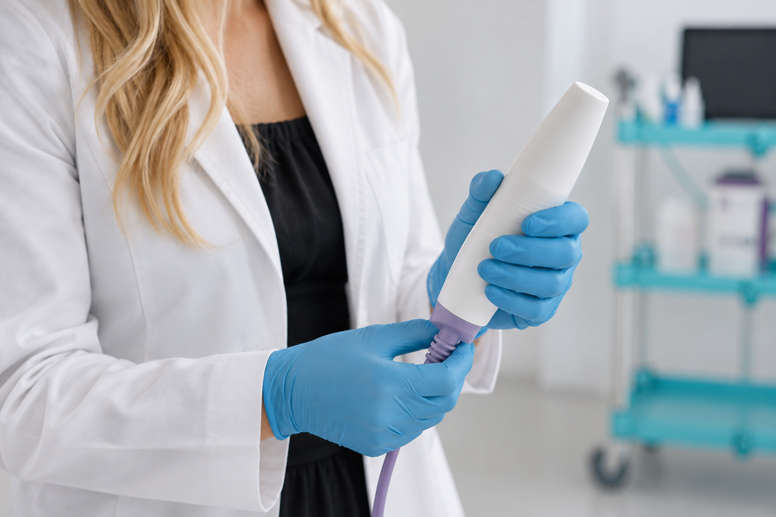 Close-up of a gloved clinician holding a FEES endoscope