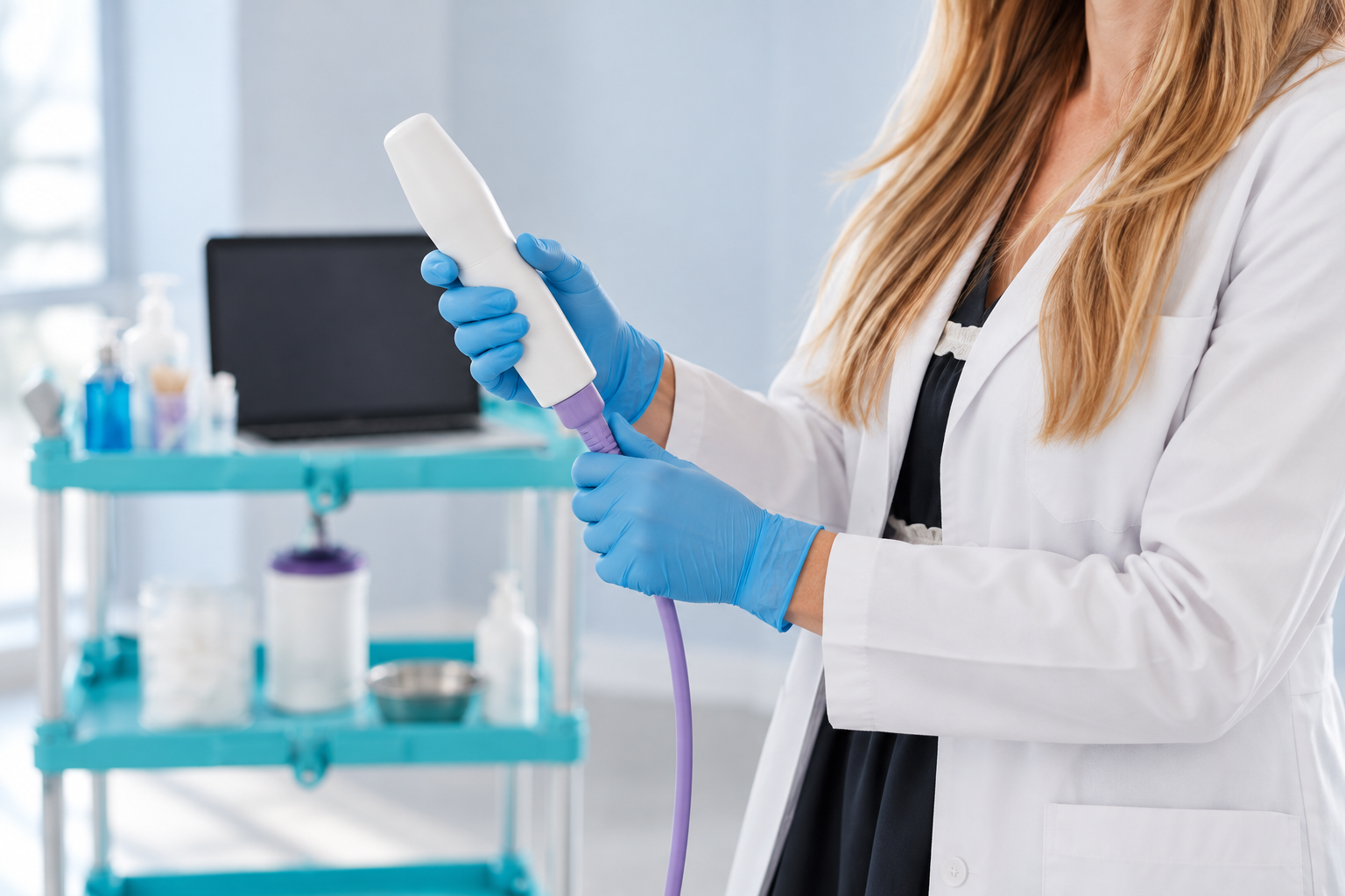Clinician handling an endoscope beside a mobile FEES equipment cart